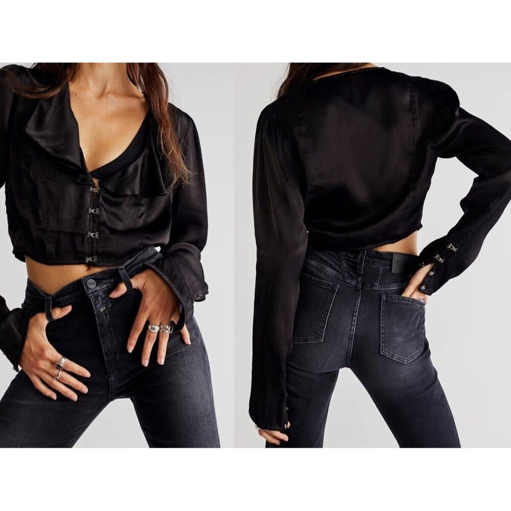 Free People Olivia Satin Blouse Crop Long Sleeve M Black Hooks Flirty Boho NWOT